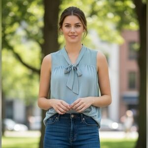 LOFT Blue Sleeveless Blouse with Bow Detail
